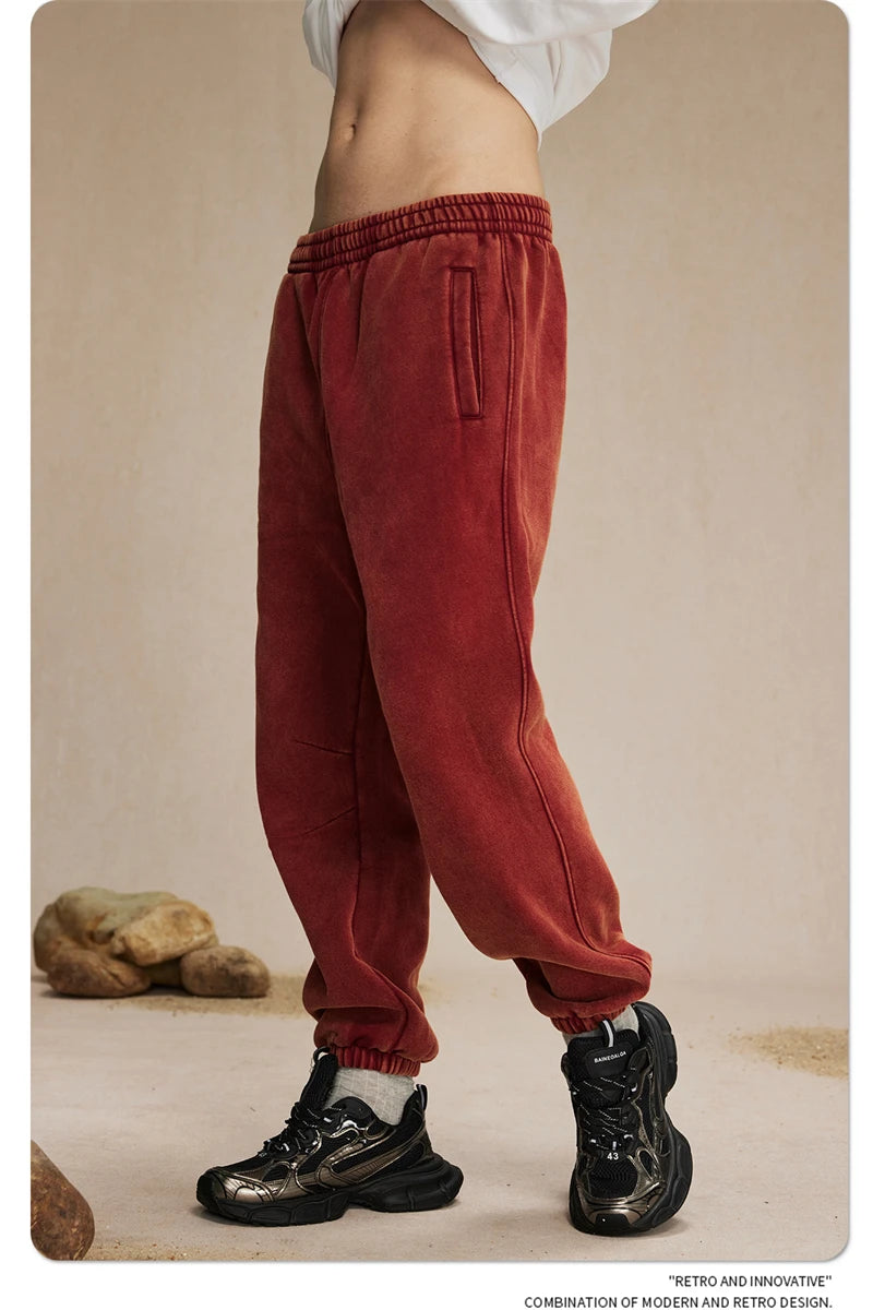 ZODF Retro Winter 360gsm Batik Washed Fleece Sweatpants Unisex Loose Drawstring Warm Joggers HY0714