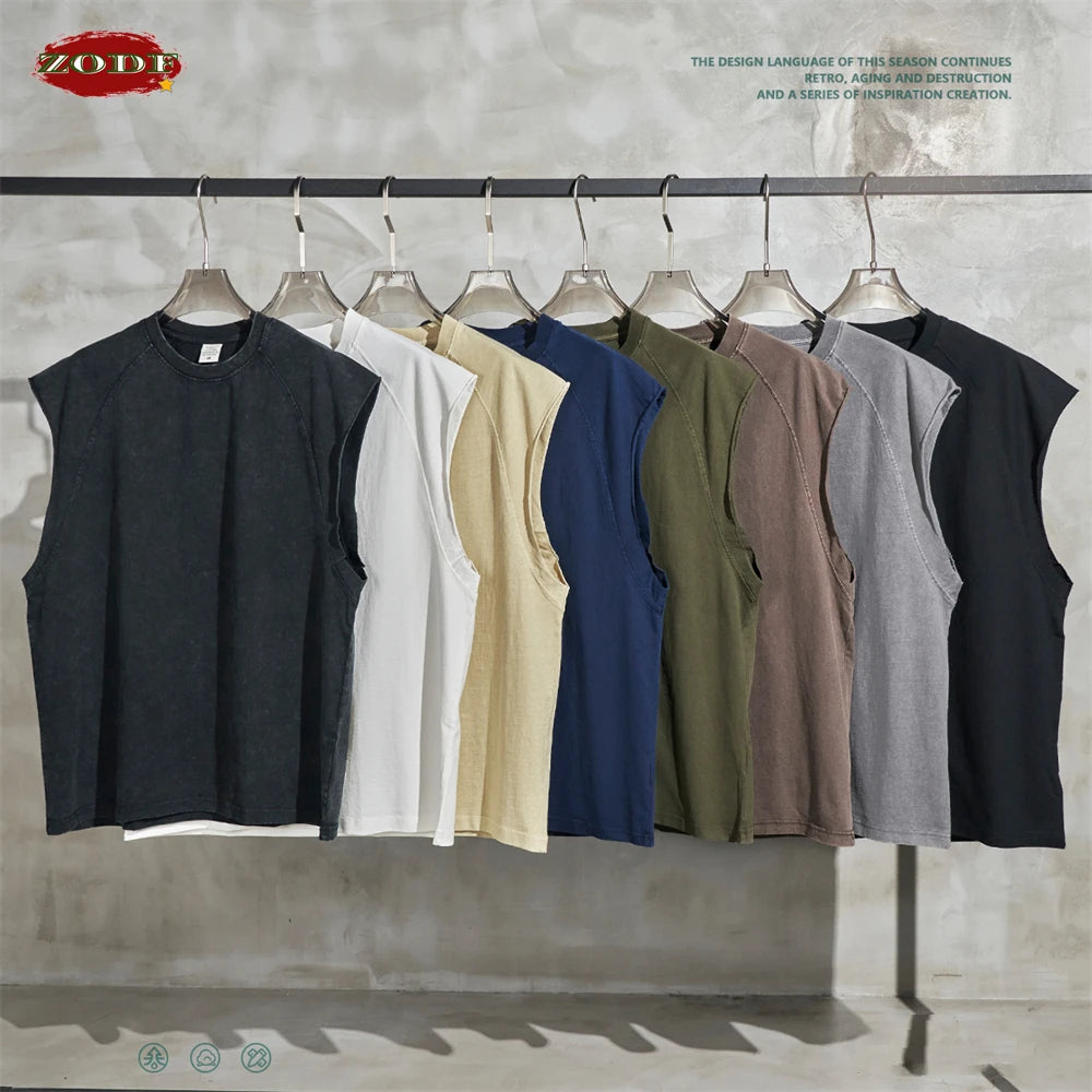 ZODF American Retro Men Washed Solid Tank Tops Women Unisex Loose Edge 275gsm Cotton Sleeveless Tees Brand Streetwears HY0503