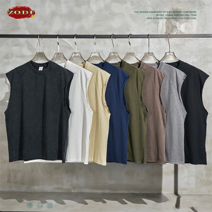 ZODF American Retro Men Washed Solid Tank Tops Women Unisex Loose Edge 275gsm Cotton Sleeveless Tees Brand Streetwears HY0503