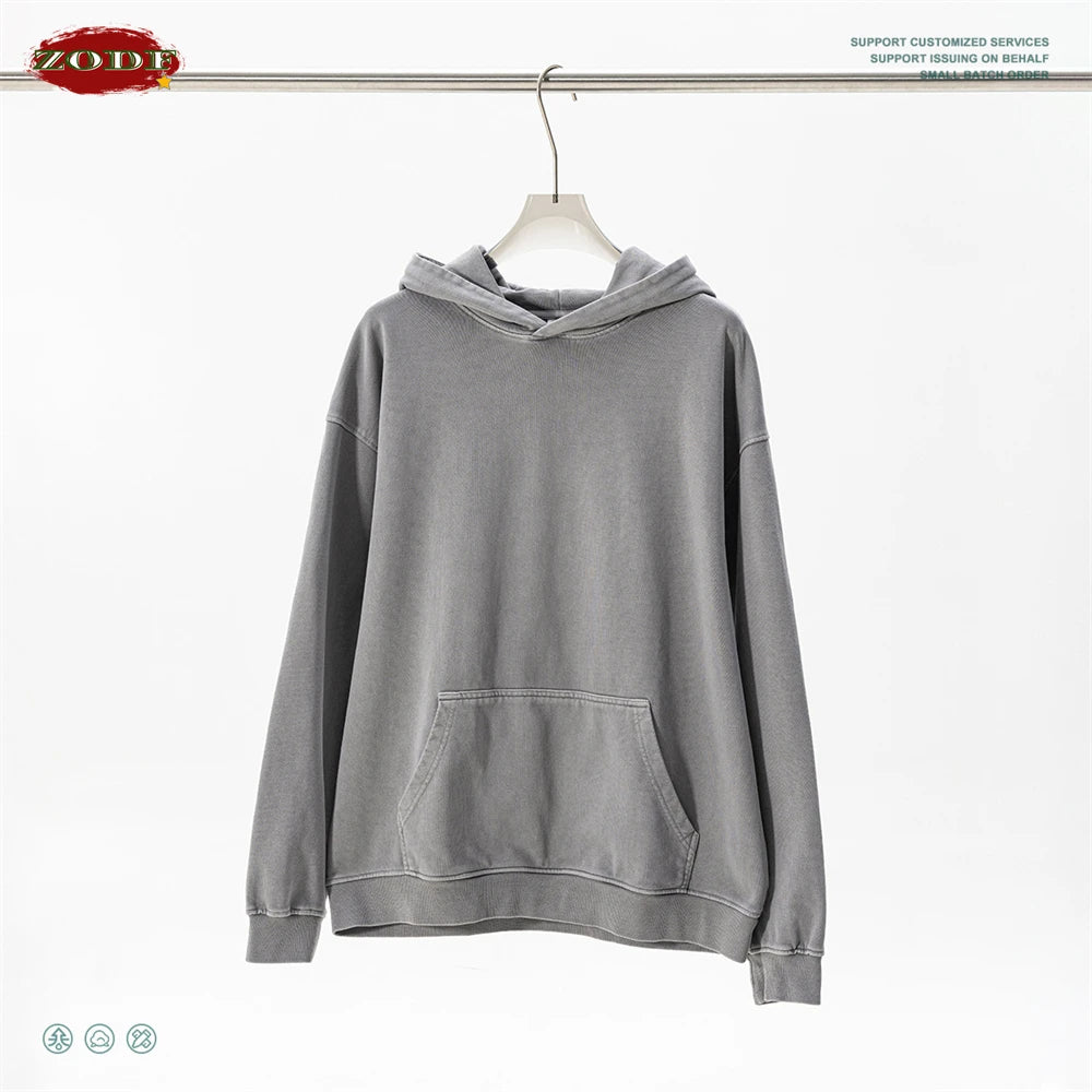 ZODF Retro Heavy Weight 480gsm Cotton Hoodies For Man Unisex Oversized Washed Distressed Hooded Pullovers Brand Coats HY1115