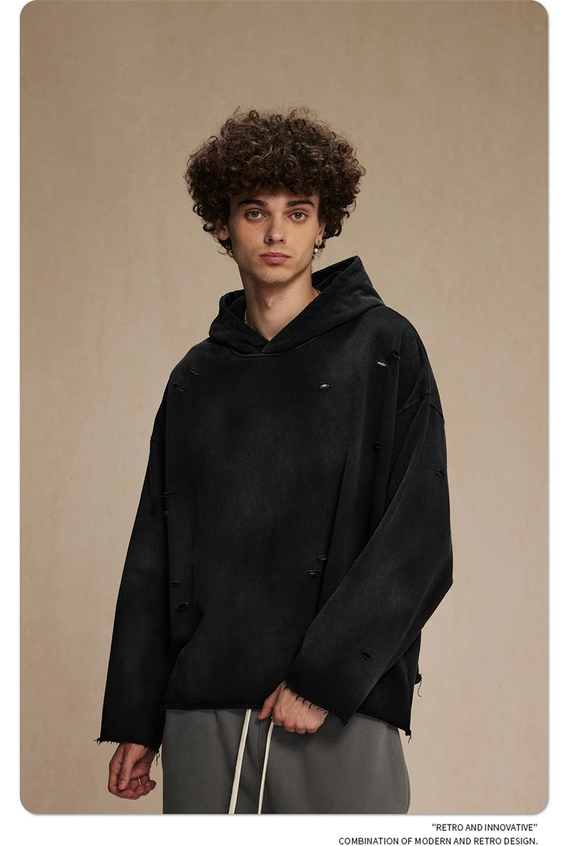 ZODF New Autumn Winter Men Monkey Washed Hoodies Unisex Disstressed Ripped Heavyweight Knitted 450gsm Hooded Pullovers HY0909