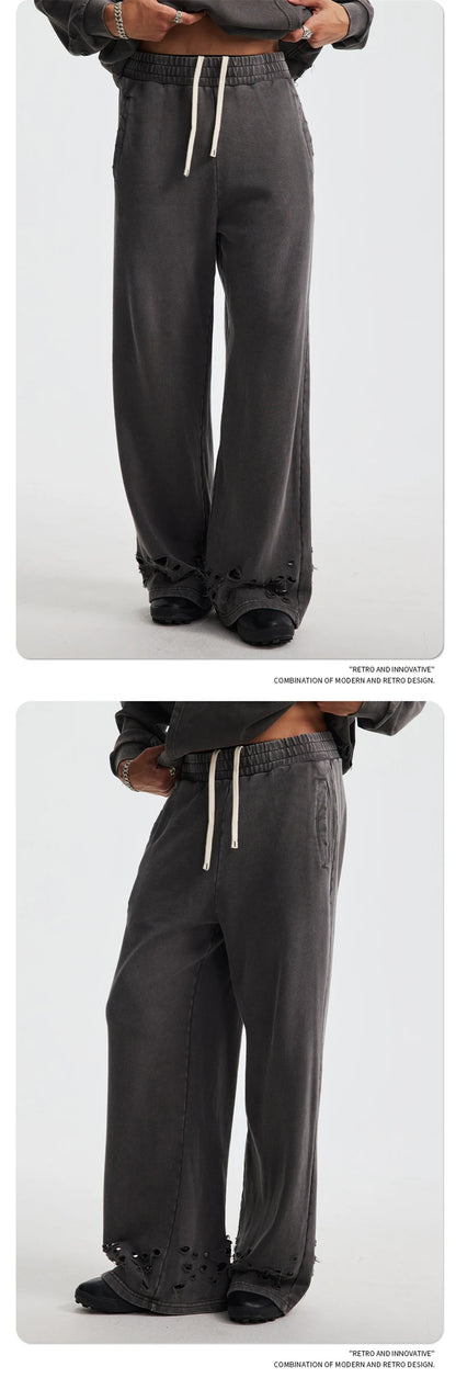 ZODF 2025 Autumn Men Washed Cotton Terry Pants 380gsm Distressed Oversized Straight Sport Trousers Streetwear HY1075