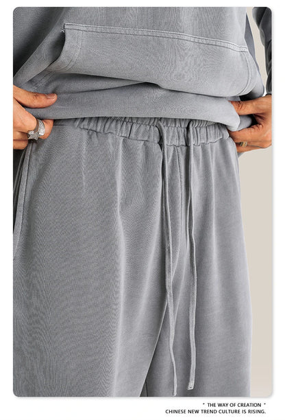 ZODF Retro Men Autumn Washed 380gsm Cotton Unisex High Street Oversized Solid Sport Straight Pants HY0885