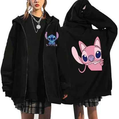 Women's Oversized Zipper Hoodie MINISO Luxury Brand Disney Lilo and Stitch Couple Hooded Sweatshirt Autumn and Winter Warm Jacke