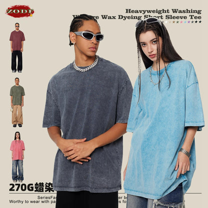 ZODF New Summer Men Washed Batik Cotton T Shirts Unisex American Retro High Street 270gsm Short Sleeve Tees Streetwear HY0489