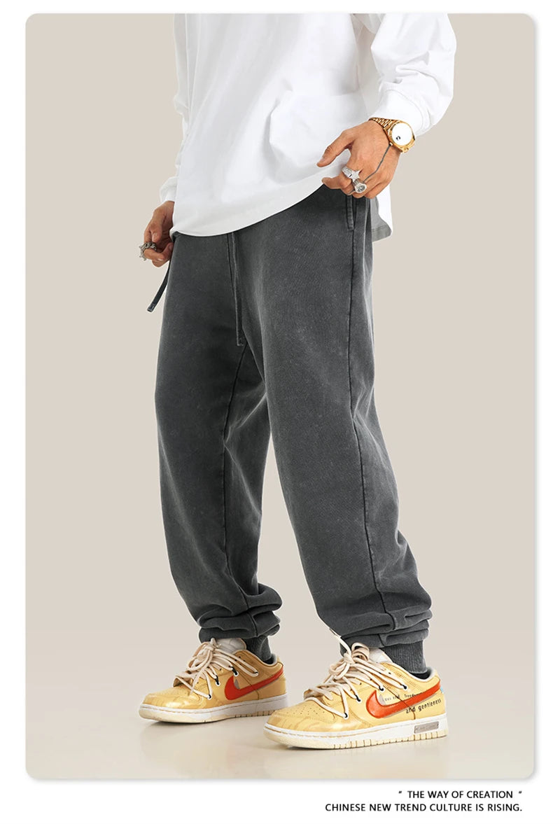 ZODF New Autumn Winter Men Washed 400gsm Sweatpant Unisex Loose Heavyweigh Cotton Sport Joggers Pants Streetwears HY0893