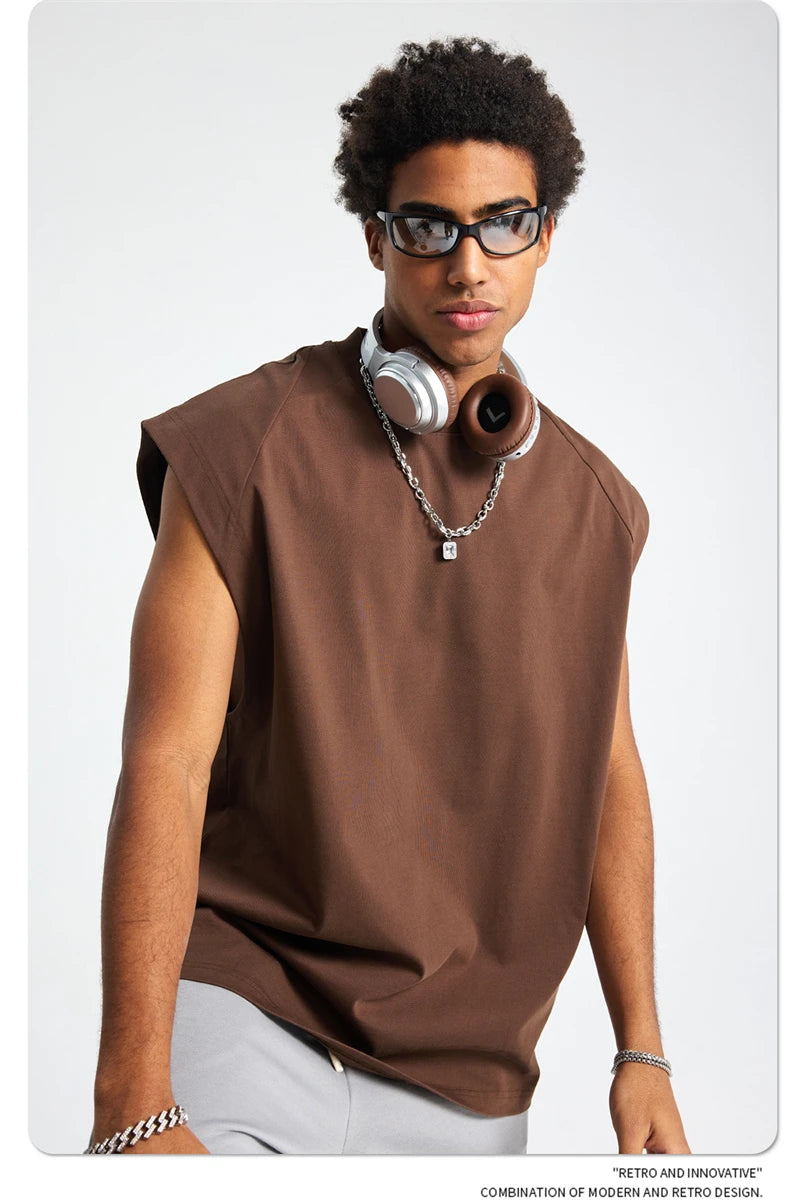 ZODF Trendy Men Summer Solid Cotton Tank Tops Unisex Oversized 275gsm Patchwork Sleeveless Tees Vests HY1051