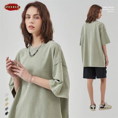 ZODF New Spring Summer Washed Cotton Solid T Shirts For Men Unisex High Street Loose Edge Oversized Noshrink T-Shirt Tee HY0465