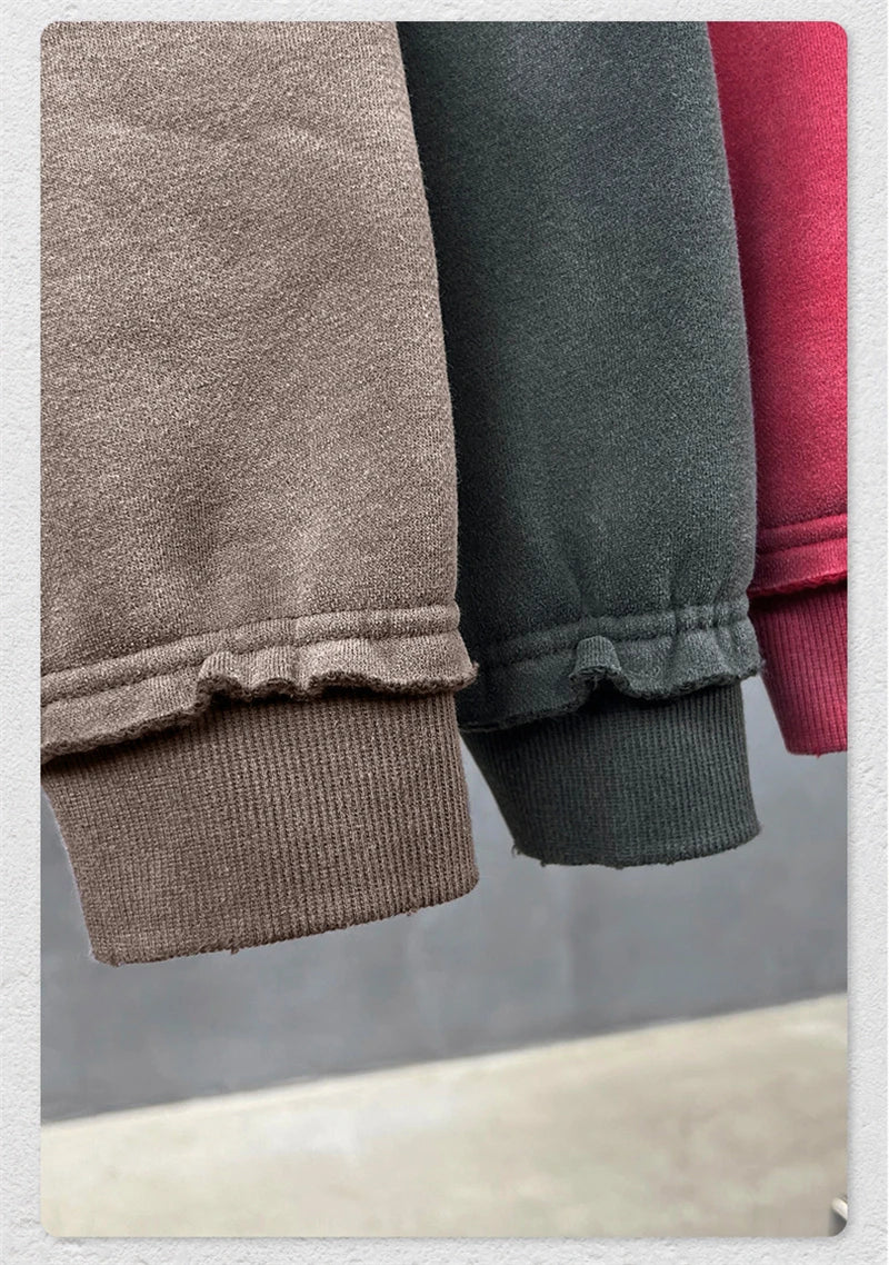 ZODF Retro Winter Men 400gsm Monkey Washed Zipper Hoodie Unisex High Street Loose Edge Ripped Distressed Hooded Pullovers HY1117