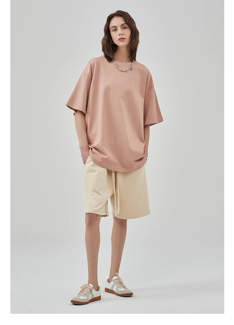 ZODF New Summer Men 100% Cotton Solid T Shirts Unisex High Street Heavy Weight 305gsm Oversized FG Noshrink T-Shirt Tops HY0165