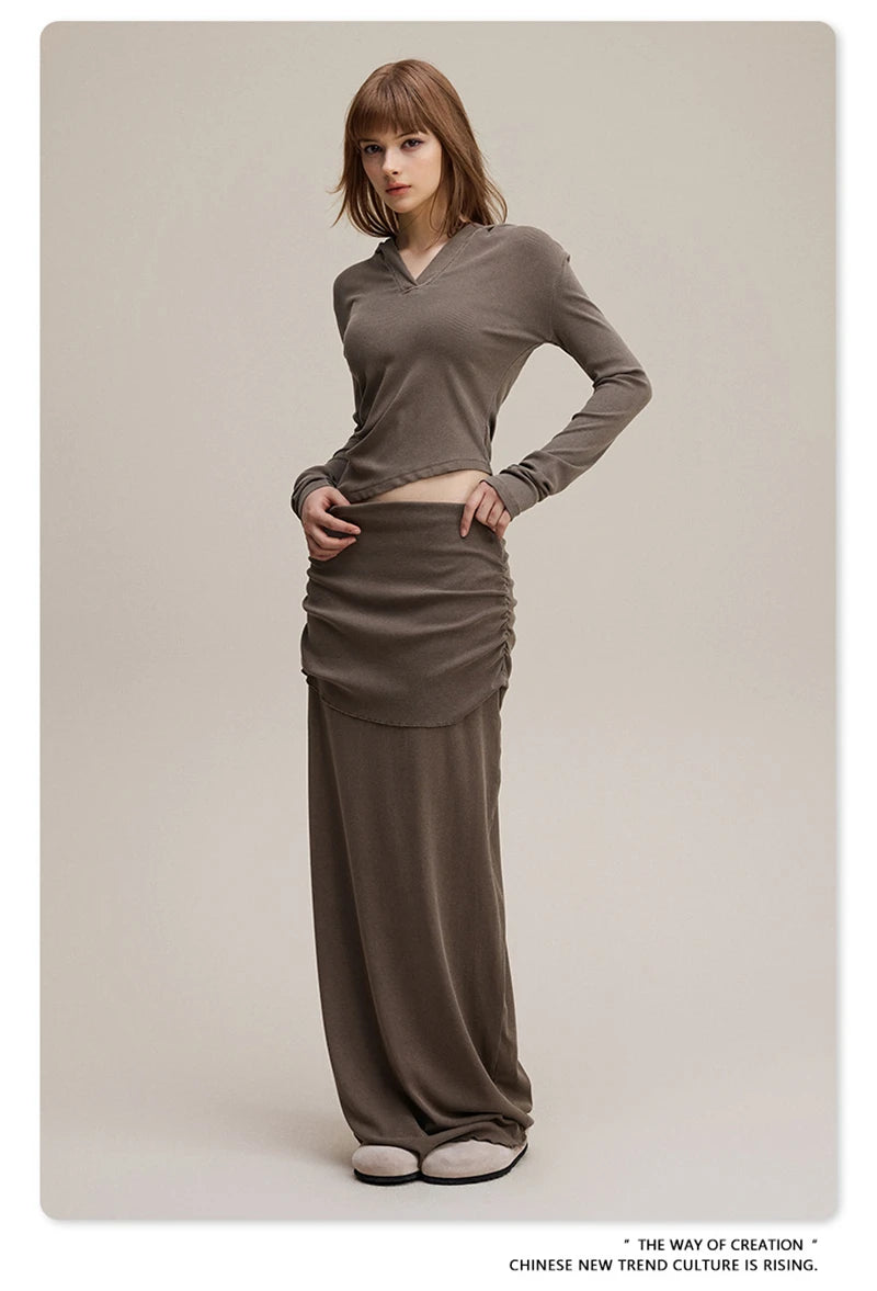 ZODF Sexy Women Autumn Washed 275gsm Hooded T Shirt Ladies Girls Slim Fit Distressed Side Pleated T-Shirts Tees HY1149