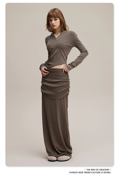 ZODF Sexy Women Autumn Washed 275gsm Hooded T Shirt Ladies Girls Slim Fit Distressed Side Pleated T-Shirts Tees HY1149