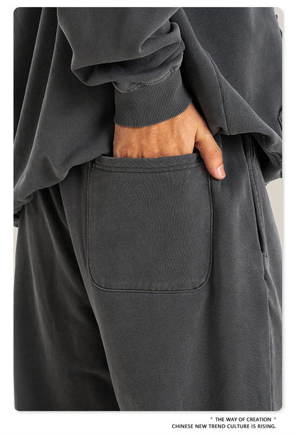 ZODF Retro Men Autumn Washed 380gsm Cotton Unisex High Street Oversized Solid Sport Straight Pants HY0885