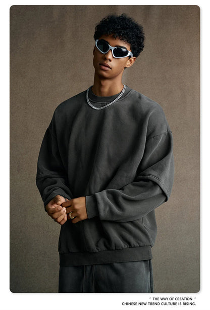 ZODF Trendy 2025 Winter Man 360gsm Washed Fleece Hoodies Unisex Patchwork Loose Fake 2 Pieces Knitted O Neck Sweatshirts HY1089