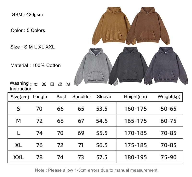ZODF Vintage Batik Washed 420gsm Cotton Hoodies For Men Unisex Heavyweight Loose Hip Hop Hooded Sweatshirts Pullovers HY0696