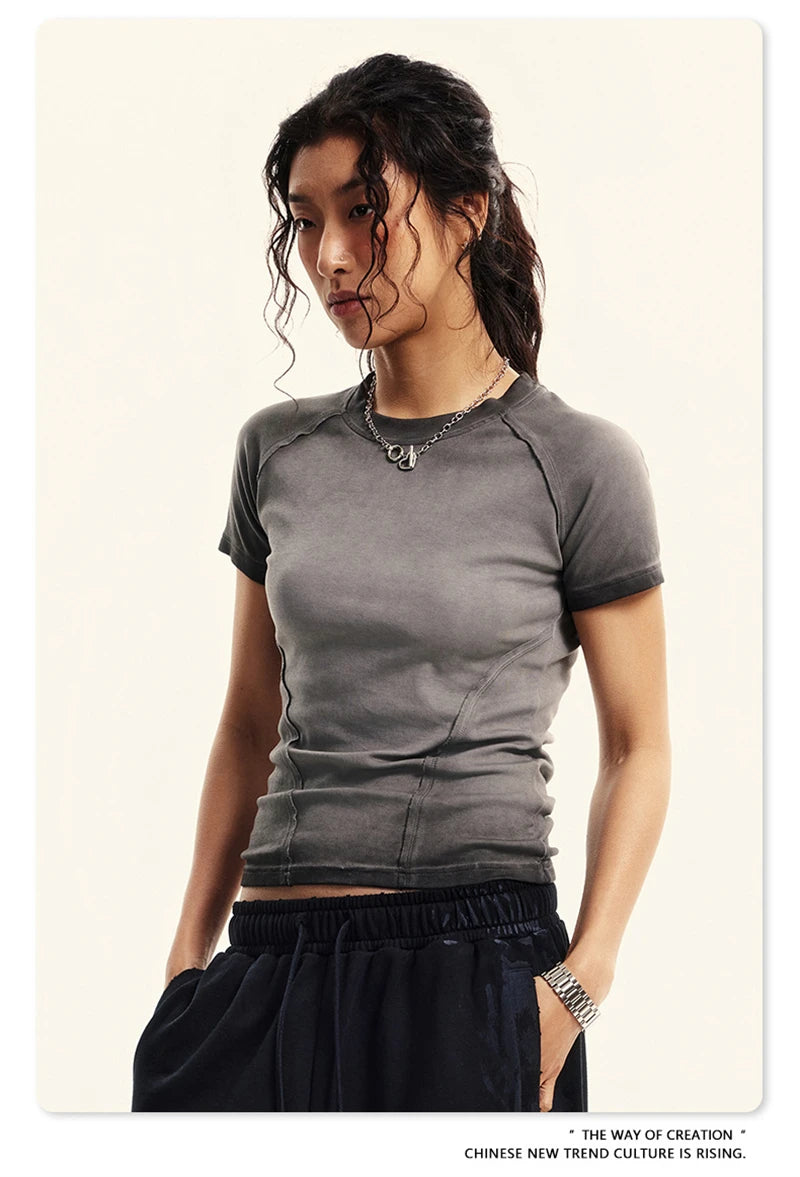 ZODF 2024 Summer Hotweet Washed T Shirt For Women Girls Gradient Raglan Sleeve Comfortable Short Tees Brand Tees HY0826