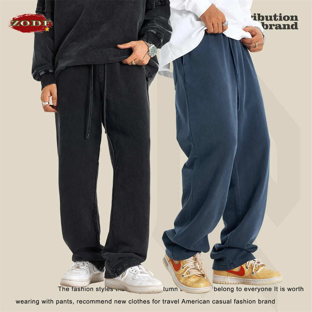 ZODF Retro Men Autumn Washed 380gsm Cotton Unisex High Street Oversized Solid Sport Straight Pants HY0885