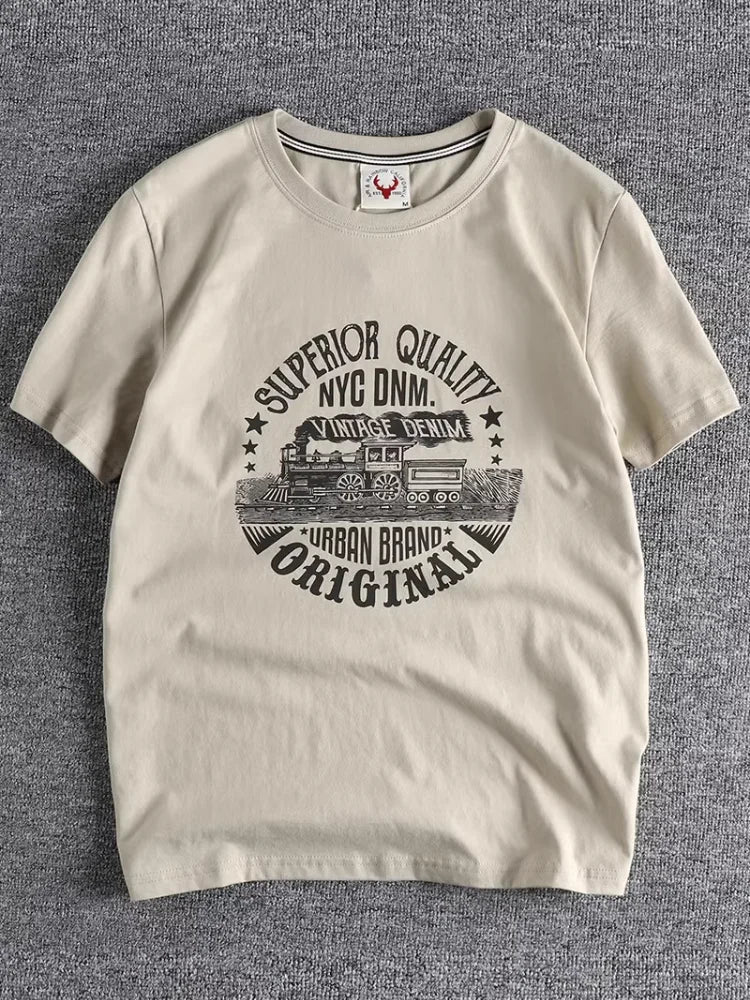 Summer American Retro Short-sleeved O-neck Locomotive Printed T-shirt Men's Fashion Simple 100% Cotton Washed Casual Sport Tops