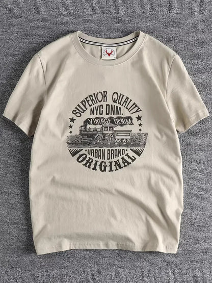 Summer American Retro Short-sleeved O-neck Locomotive Printed T-shirt Men's Fashion Simple 100% Cotton Washed Casual Sport Tops