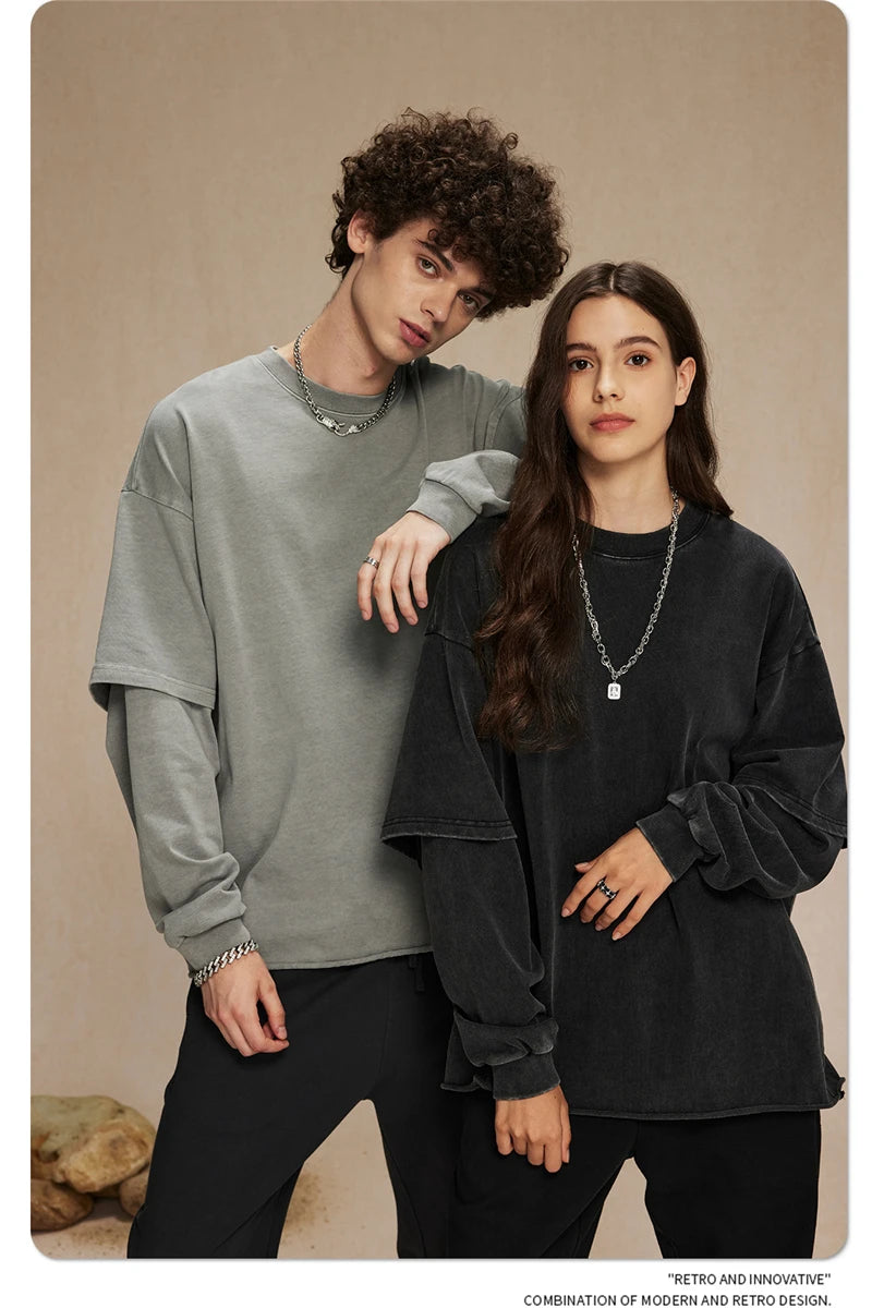 ZODF Retro Autumn Men Washed Cotton T-Shirts Unisex Loose Edge Fake 2-Piece 345gsm Full Sleeve O Neck T Shirt Brand Tops HY0928