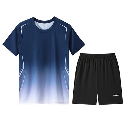 Chrlck Unisex Gradient Quick-Dry Ice Silk Fitness T-Shirt and Shorts Set for Running Gym Training - Blue / XL(60kg-69kg)