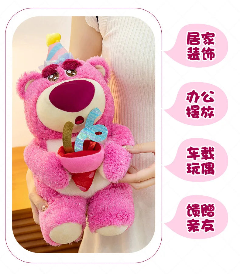 Disney Plush Strawberry Bear Doll with Birthday Hat Cute Stuffed Animal for Kids Birthday Xmas Gift Perfect Toy for Children And