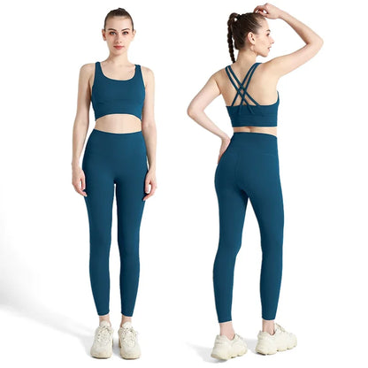 Women’s 2 Piece Yoga Set Sleeveless Cross Back Sports Bra and Leggings Athletic Tracksuit Pilates Fitness - Dark Blue