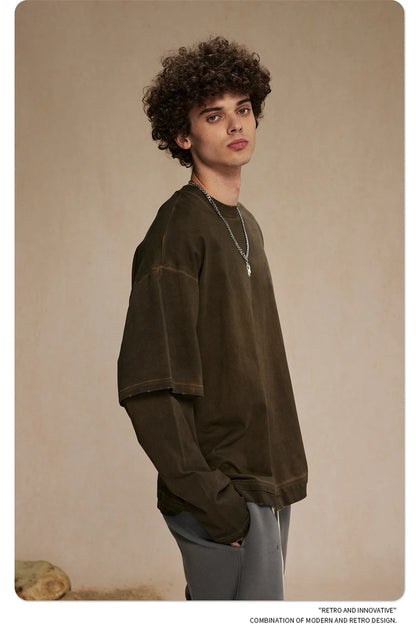 ZODF New 2024 Autumn Fake 2 Pieces T-Shirt For Men Unisex Loose Solid Long Sleeve O-Neck 305gsm Cotton T Shirt Brand Tops HY0944