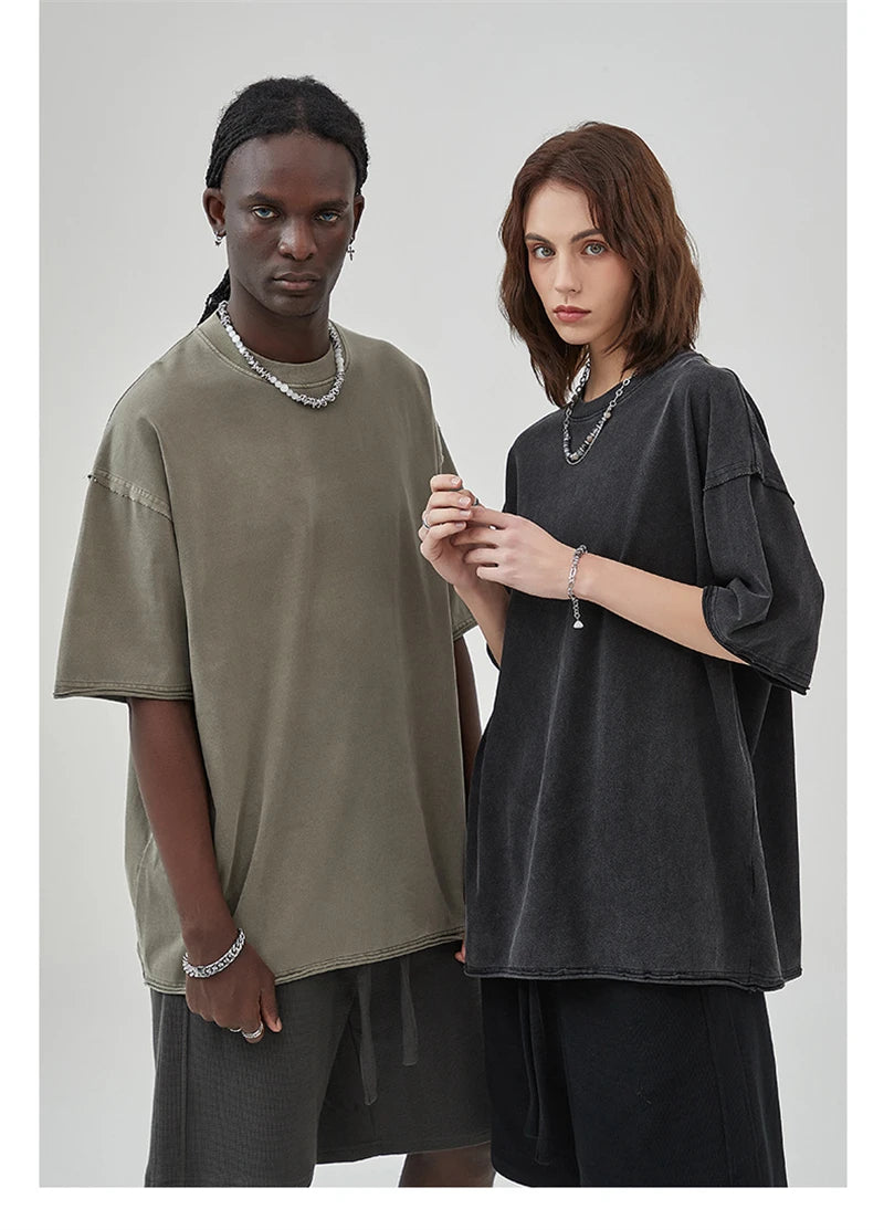 ZODF 2025 High Street Men Batik Washed Solid T Shirts Unisex Summer Loose Edge Noshrink 275gsm Cotton T-Shirt Streetwears HY0466