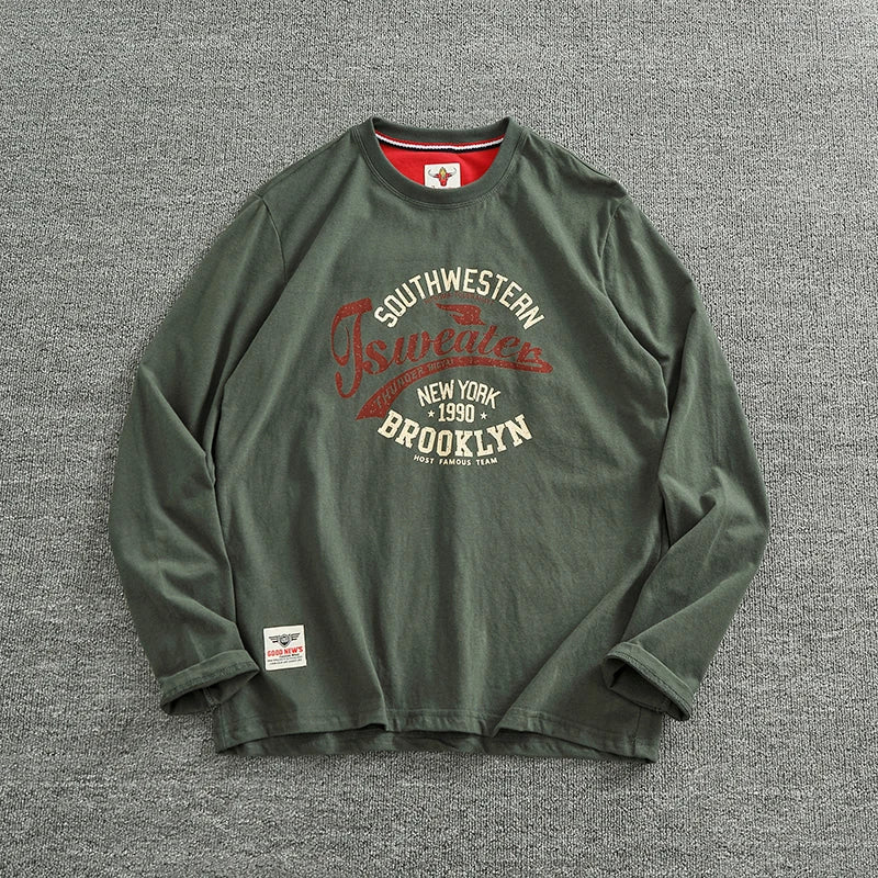 Autumn New American Retro Long-sleeved O-neck Letter Printed T-shirt Men's Fashion Simple 100% Cotton Washed Casual Sport Tops