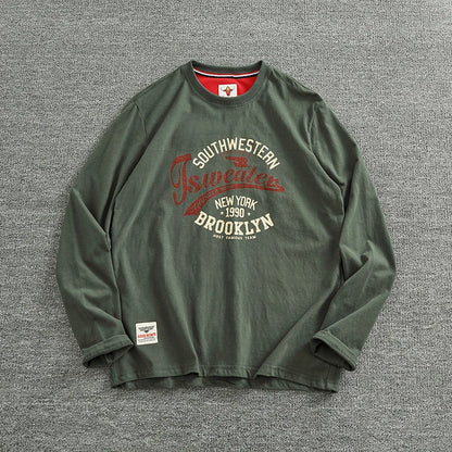 Autumn New American Retro Long-sleeved O-neck Letter Printed T-shirt Men's Fashion Simple 100% Cotton Washed Casual Sport Tops