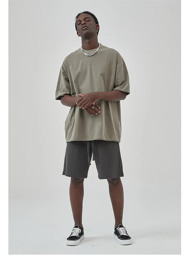 ZODF 2025 High Street Men Batik Washed Solid T Shirts Unisex Summer Loose Edge Noshrink 275gsm Cotton T-Shirt Streetwears HY0466