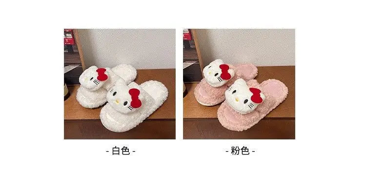 New Sanrio Sweet Hello Kitty Warm Cotton Slippers For Student Dormitory Comfortable One Word Hairy Adult Cotton Slippers