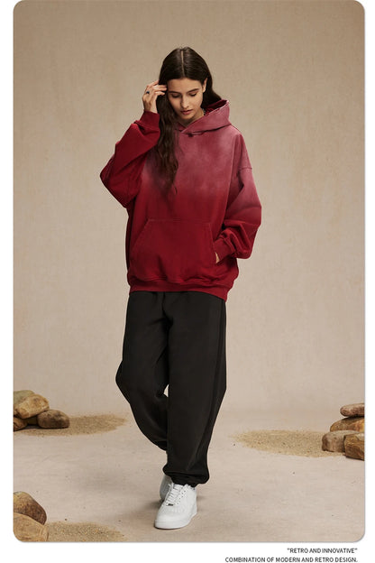 ZODF Retro Men's Heavyweight Gradient Washed Hoodies Unisex Loose Distressed Holes 450gsm Knitted Hooded Pullovers HY0891