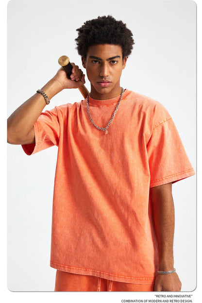 ZODF 2025 High Street Summer Washed Cotton Unisex Loose Retro Solid T-Shirt HY0113