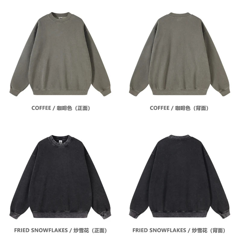 ZODF New Men Winter 355gsm Washed Fleece Sweatshirts Retro Unisex Oversized Solid O-Neck Warm Pullovers Coat Streetwears HY0639