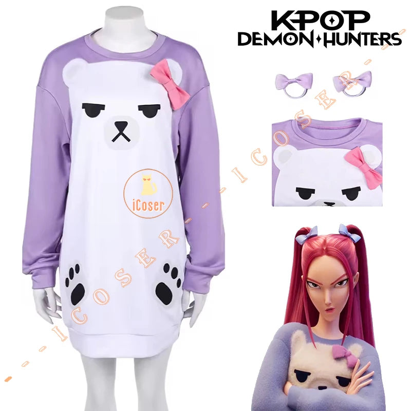 KPop Demon Hunters Mira Cosplay Costume Wig Purple Bear Pajamas Sweatshirt Headwear Huntrix Halloween Party for Women Girls Cos