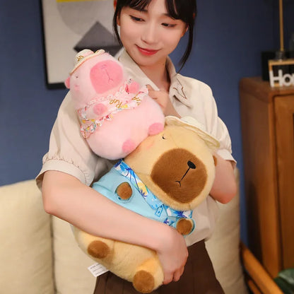 Pink Capybara Plush Toy Stuffed Seaside Beach Dress Blue Shirt Swim Ring Bee Decor Capibara Plushie Boy Hawaii Vacation Style