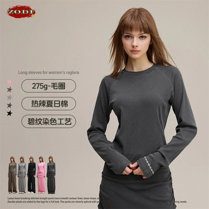 ZODF Sexy Autumn Washed 275gsm Full Sleeve T Shirt For Women Ladies Girls Slim Fit Distressed T-Shirts Tops HY1145