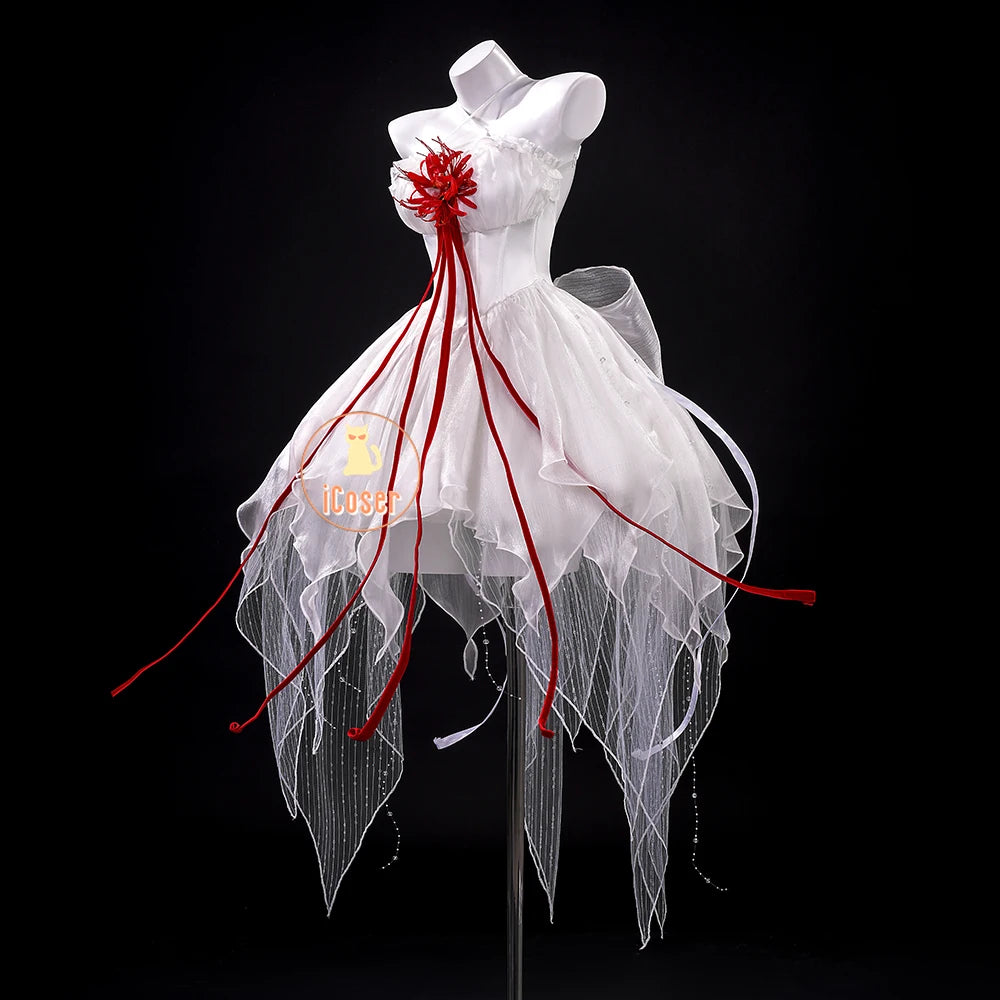 Wuthering Waves Phrolova Cosplay Costume Wig Dress White Spider Lily Layered Gown Headwear Halloween Party for Women Girls Props