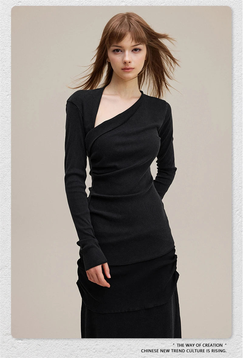 ZODF Retro Sexy Women Autumn Washed 275gsm T Shirt Ladies Girls Distressed Side Pleated Full Sleeve T-Shirts Tees HY1107