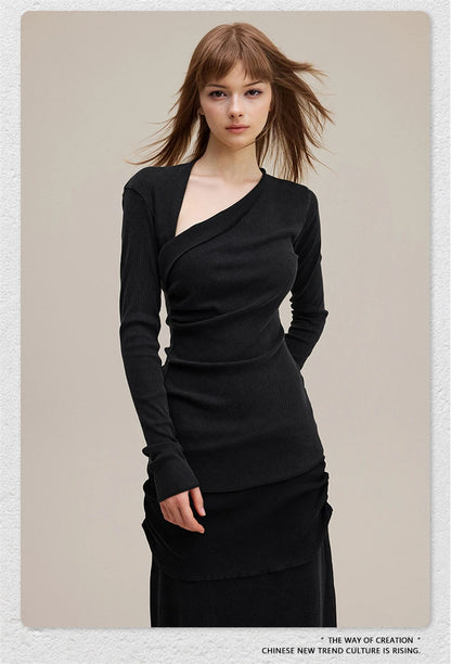 ZODF Retro Sexy Women Autumn Washed 275gsm T Shirt Ladies Girls Distressed Side Pleated Full Sleeve T-Shirts Tees HY1107