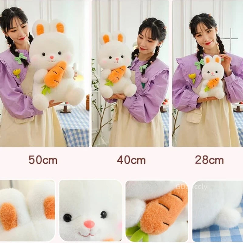 25-50cm Adorable Fuzzy Bunny Hold Carrot Plush Toy Stuffed White Rabbit with Foods on Hand Kids Hug Cuddly Plushie for Children