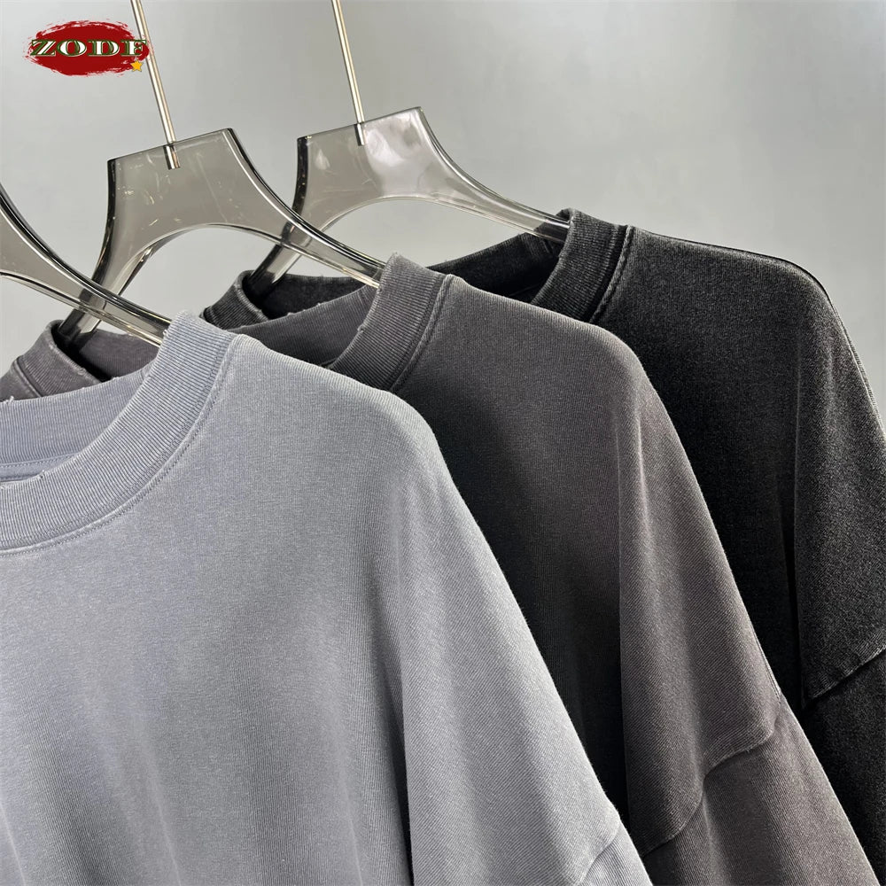 ZODF Retro Fake 2-Piece Cotton T-Shirts For Man Unisex Distressed Full Sleeve Washed O Neck T Shirt Brand Tees HY1156