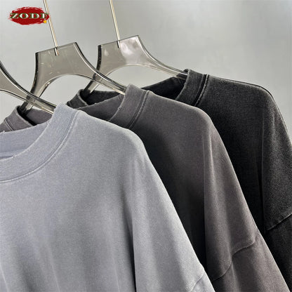 ZODF Retro Fake 2-Piece Cotton T-Shirts For Man Unisex Distressed Full Sleeve Washed O Neck T Shirt Brand Tees HY1156