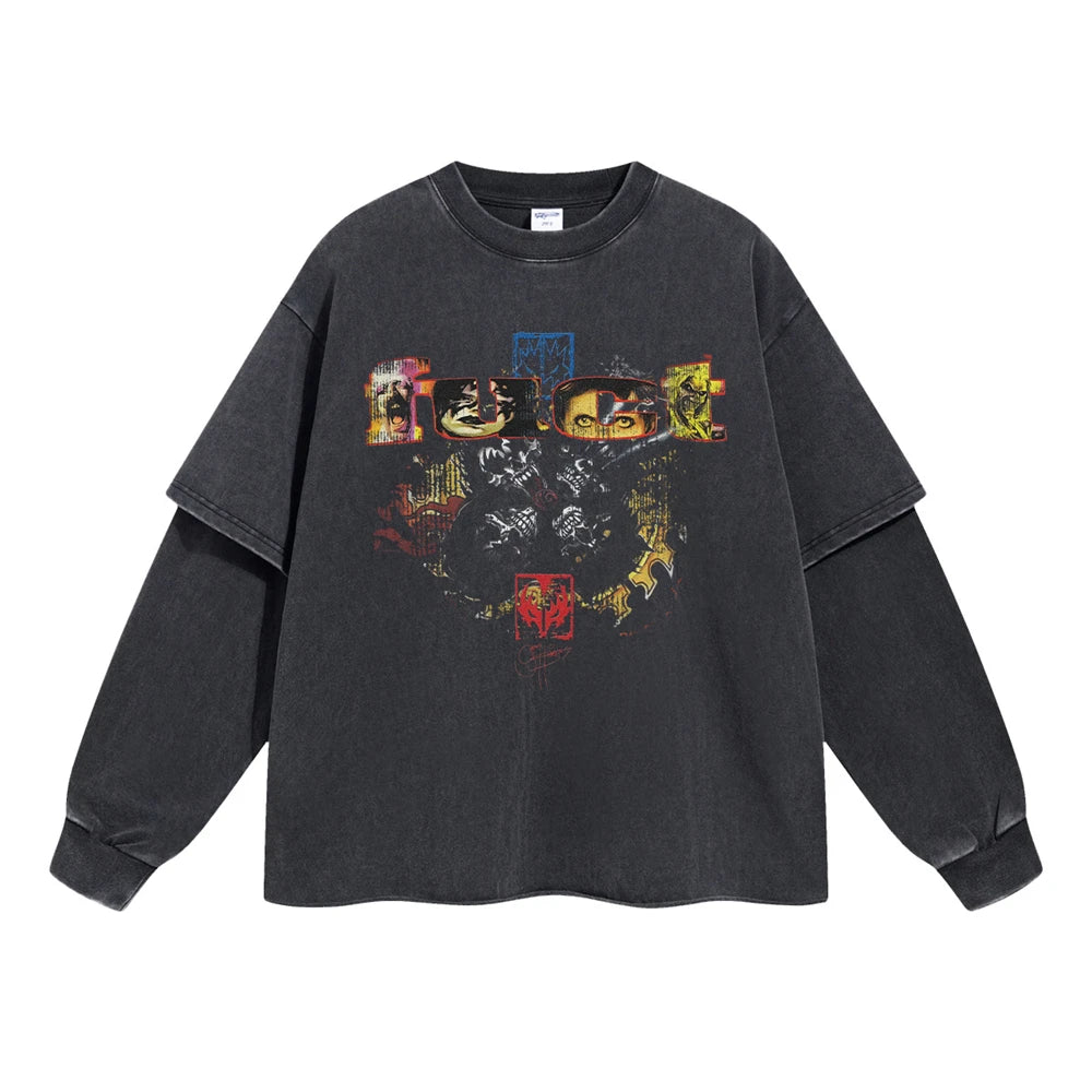 ZODF Retro 2025 Autumn Men 345gsm Washed Full Sleeve T-Shirts Unisex Heavy Weight Punk Style Printing Cotton T Shirt HY0012