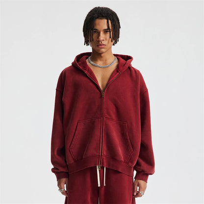 ZODF New 2025 Winter Man's Fleece Zipper Hoodies Unisex Retro 370gsm Loose Boxy Batik Washed Hooded Coats Sweatshirts HY1164