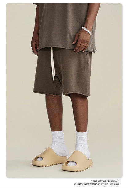 ZODF New Summer Men Retro Washed Shorts Unisex Drawstring Loose Edge 420gsm Solid Knee Length Cotton Pants Streetwears HY0589