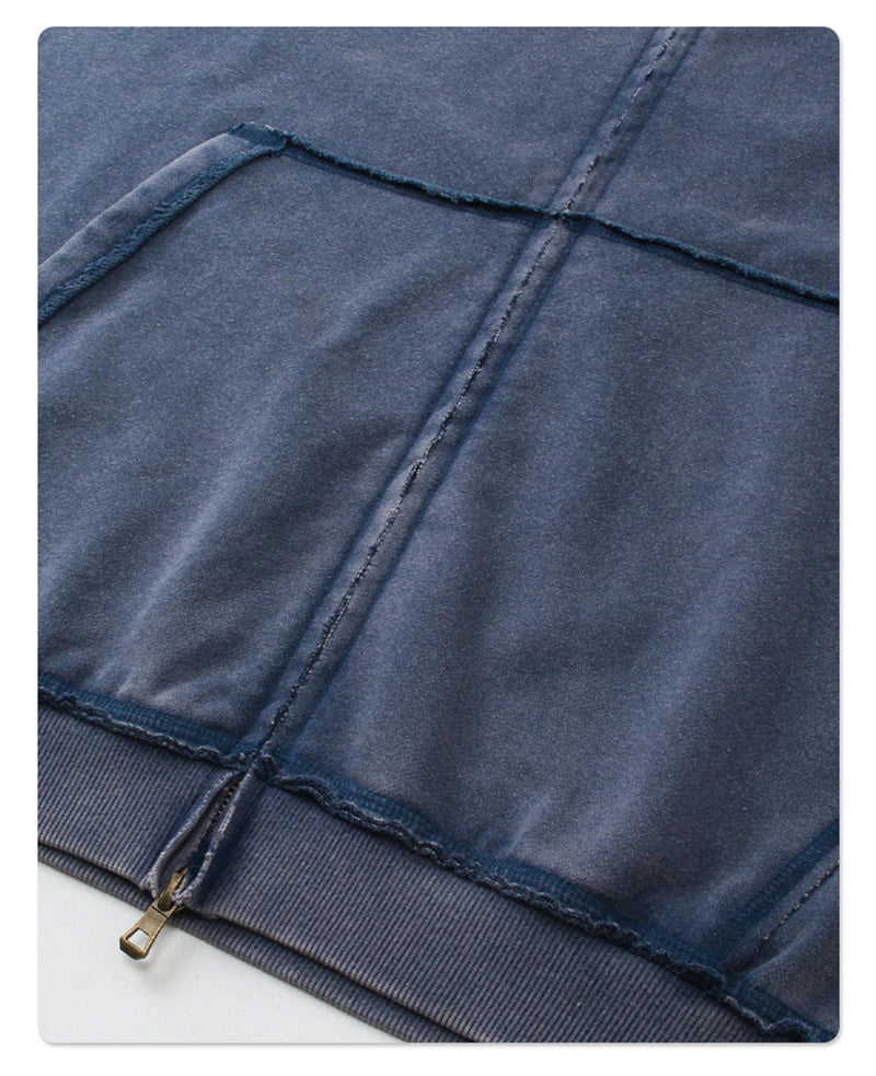 ZODF Retro Men's Heavyweight 450gsm Zipper Hoodies Unisex Loose Distressed Washed Batik Knitted Hooded Coat Jacket HY0889