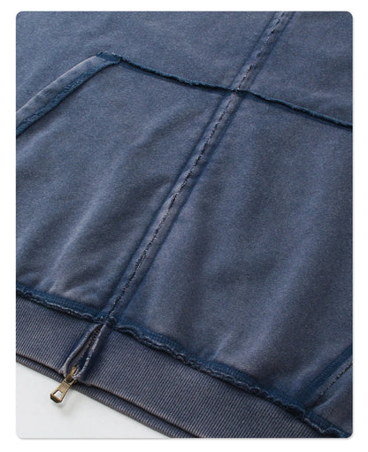 ZODF Retro Men's Heavyweight 450gsm Zipper Hoodies Unisex Loose Distressed Washed Batik Knitted Hooded Coat Jacket HY0889